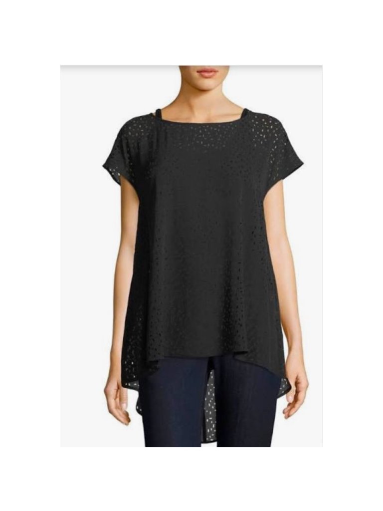 Eileen Fisher Confetti Laser Cut Silk Top Womens Xs Black Short Sleeve Hi Low